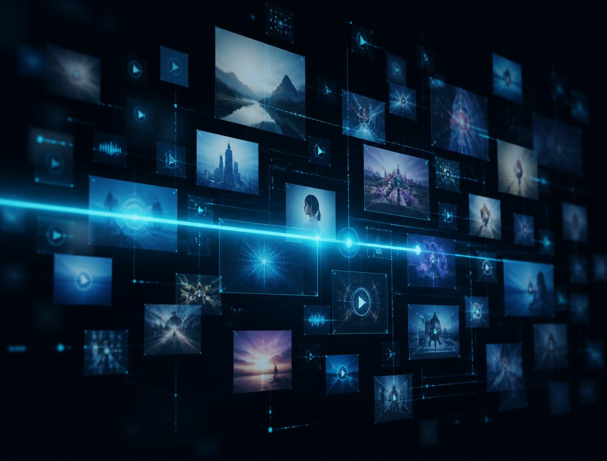 Grid of media assets scanned by AI in a dark futuristic interface
