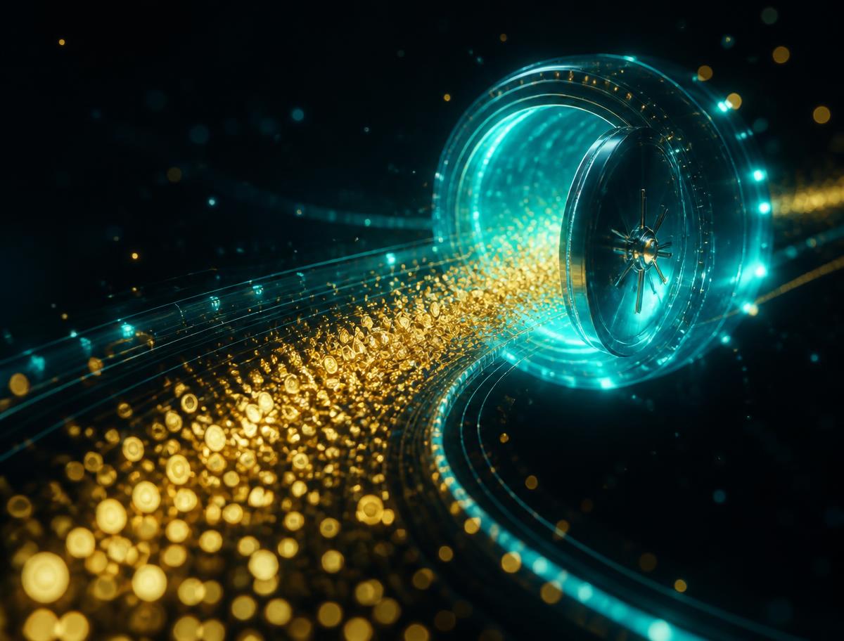Streams of golden micro-payments flowing into a glowing vault