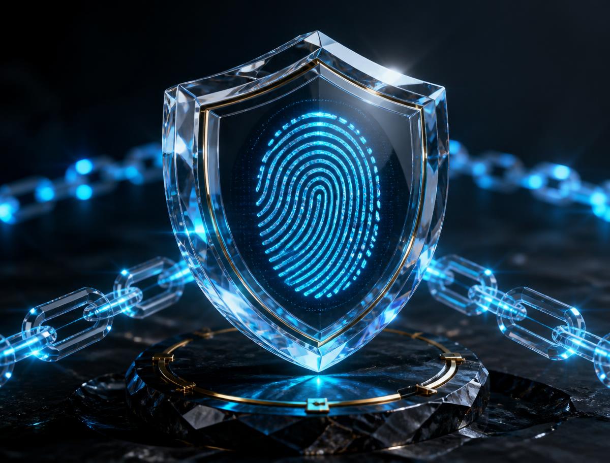 Crystal shield with glowing fingerprint representing on-chain proof of ownership