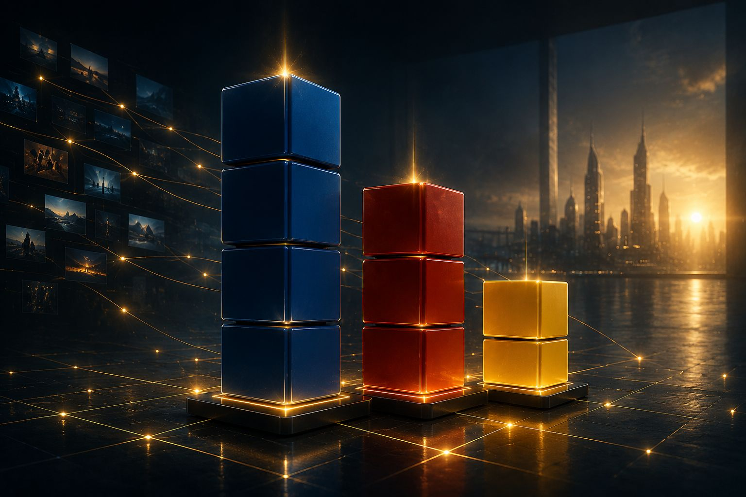 Primary Color Block Towers in Futuristic Room
