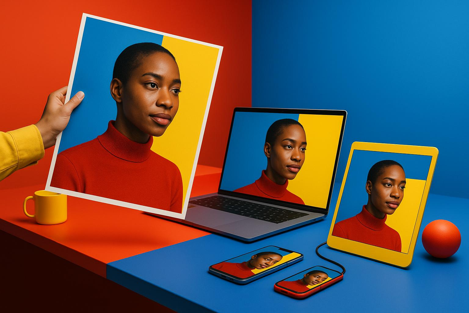 Bold Primary Color Portrait Displayed Across Multiple Devices
