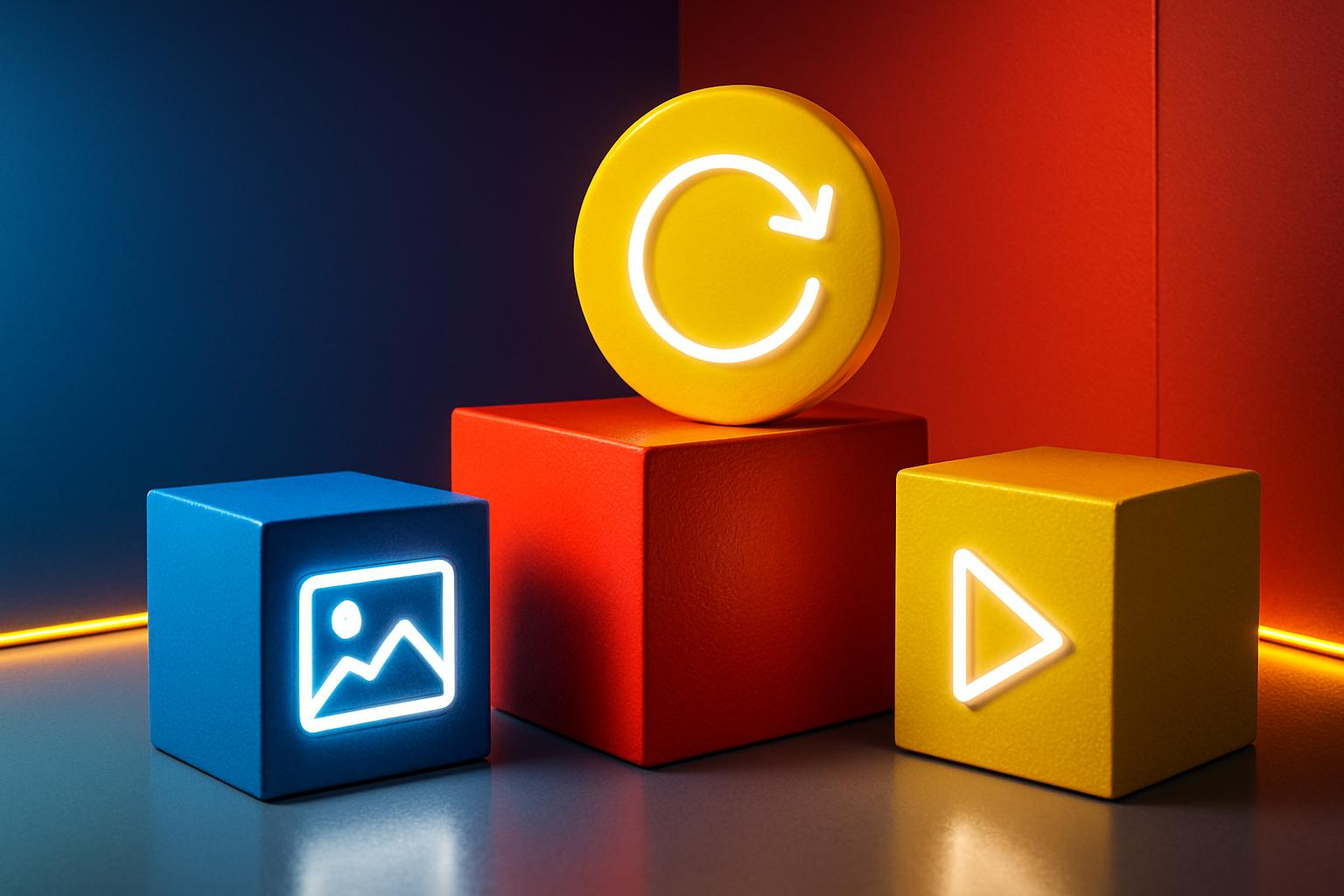 3D Neon Icon Cubes – Image, Refresh, and Play Symbols
