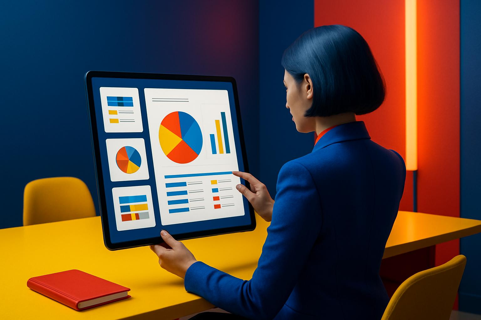 Business Woman Analyzing Data Dashboard on Tablet