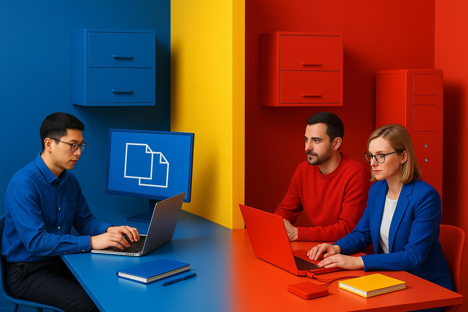Two Organizations Collaborating or Competing in Colorful Office Split-Scene